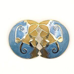 Retro 80s Enamel Earrings Clip On Blue Goldtone Large Geometric Half Circle